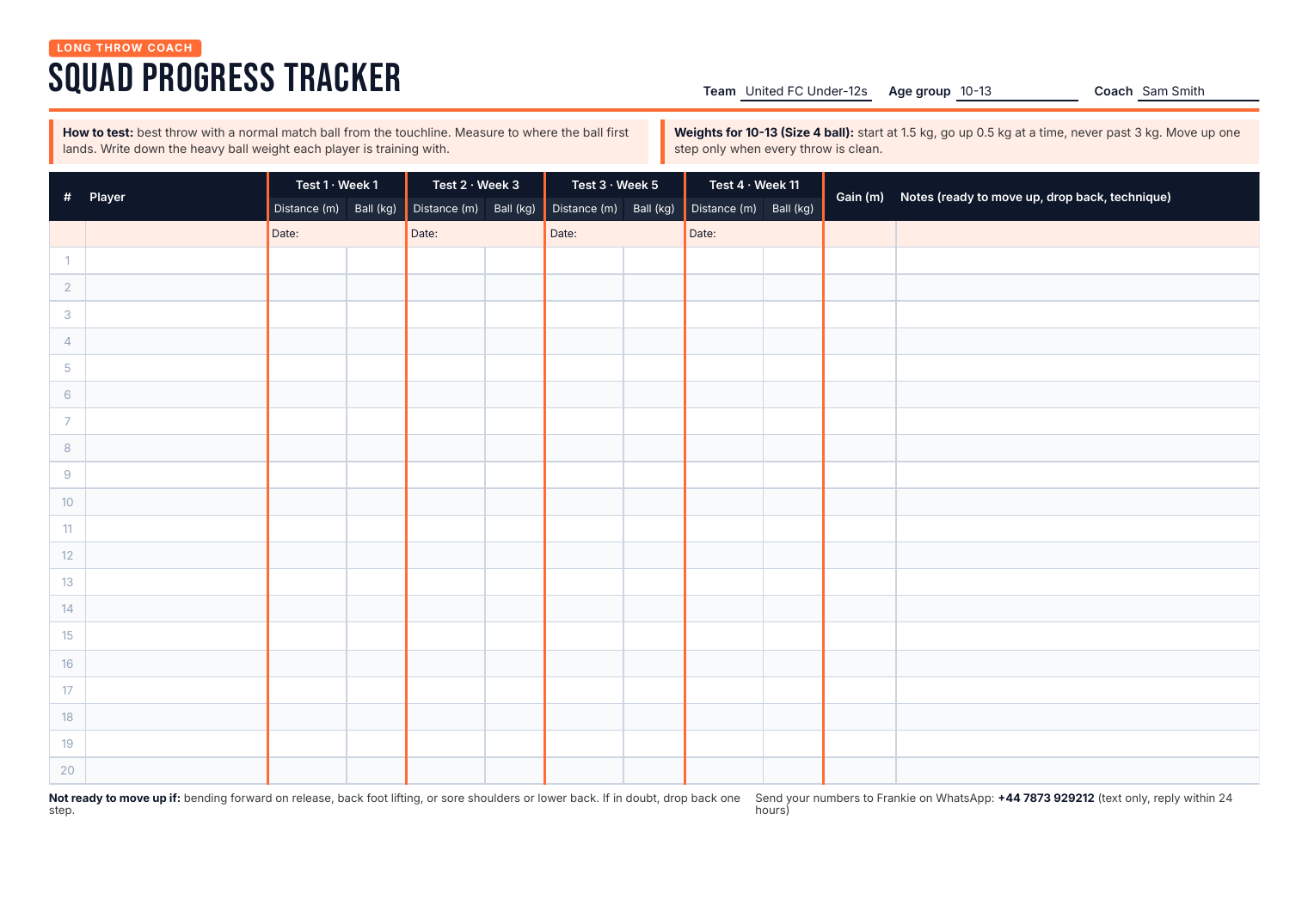 Example Squad Progress Tracker with team name and weights filled in